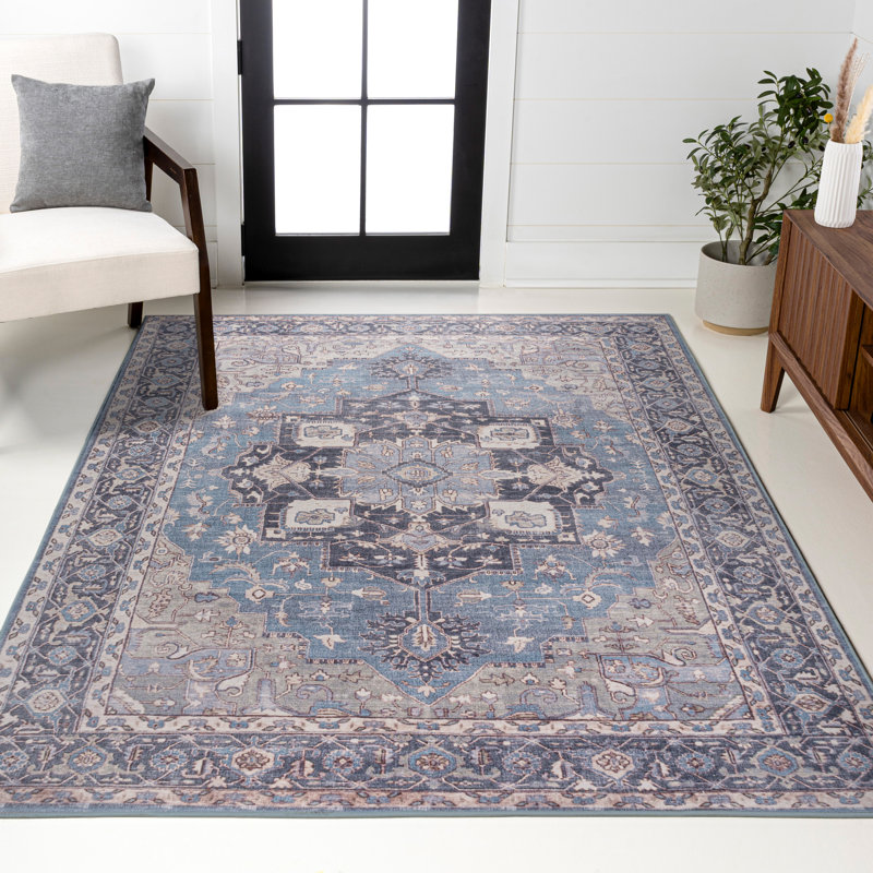 Tapis bleu / crème Sarok Ornate Medallion, Rectangle 7 pi 10 po x 10 pi