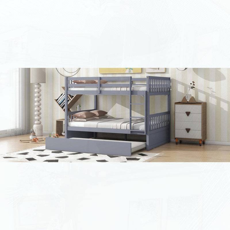 Full Over Full Rubber Wood Bunk Bed with Trundle and Convertible Design, Gray