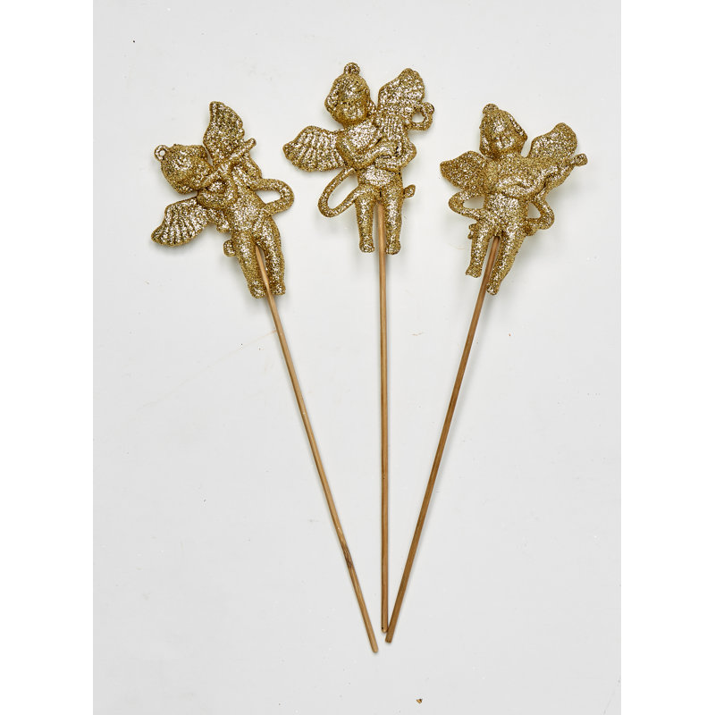 Ensemble de 3 anges scintillants avec instruments de musique sur bois