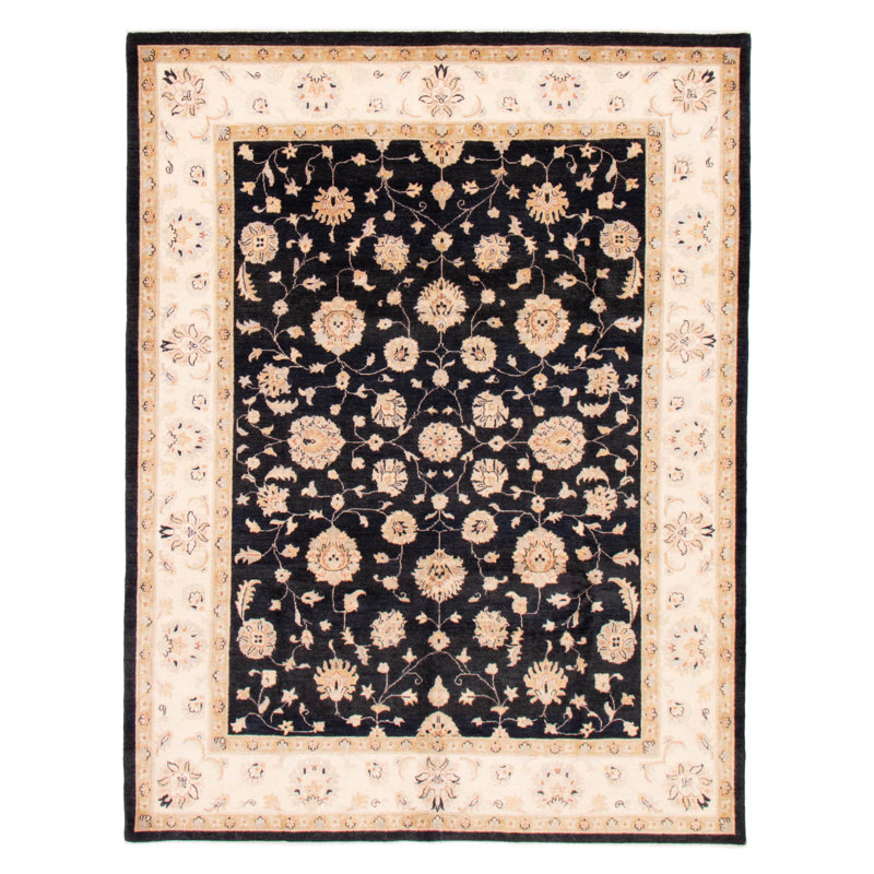 Tapis noir en laine noué à la main de conception unique 8 pi x 9 pi 9 po Chobi Finest
