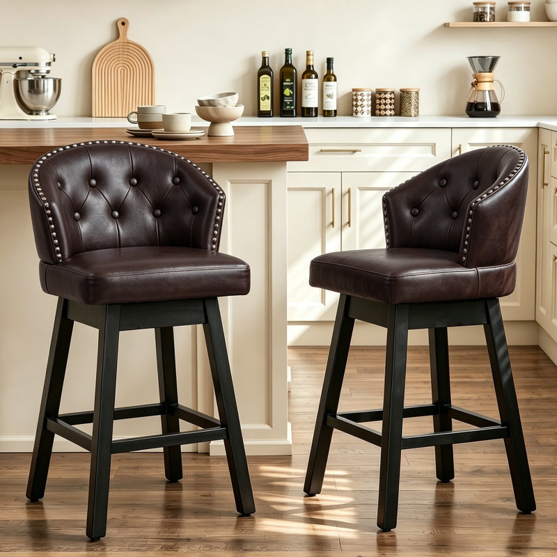 Aadhvika Upholstered BarStools with Solid Wood Frame, Counter Stool (26" Seat Height), Brown/Faux Leather