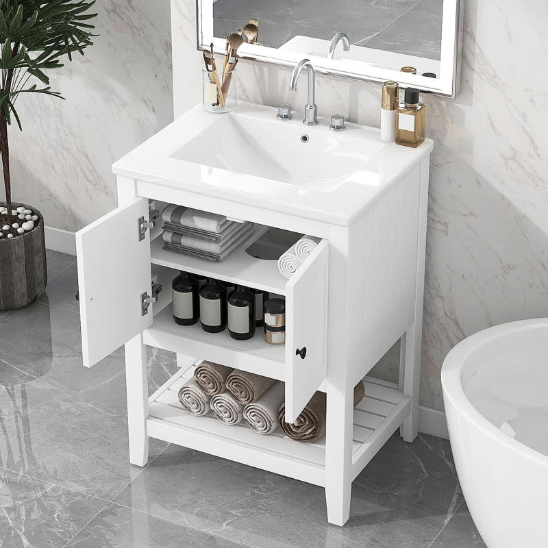 Lavabo de salle de bain moderne élégant en céramique blanche 24 po avec tablette ouverte en bois massif, Blanc
