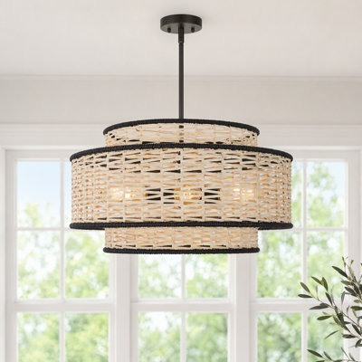 Solara 22-Inch 5-Light Tiered Dimmable Drum Chandelier with Handwoven Rattan Shade