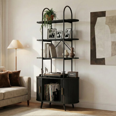 Grand support pour tourne-disque avec rangement, bibliothèque à 4 niveaux avec armoire de rangement incurvée et porte coulissante, rangement pour CD avec bouchons à livres pour le salon, la chambre à coucher, le bureau personnel, noir