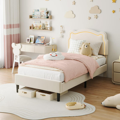 Lit plateforme tapissier simple pour enfants avec tête de lit ajustable en forme d'ours