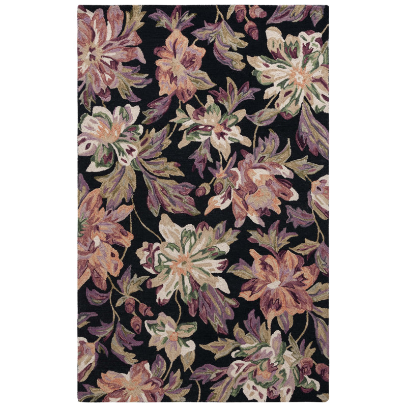 Kamaar Hand Tufted Wool/Cotton Floral Rug in Black/Plum, Square 6'