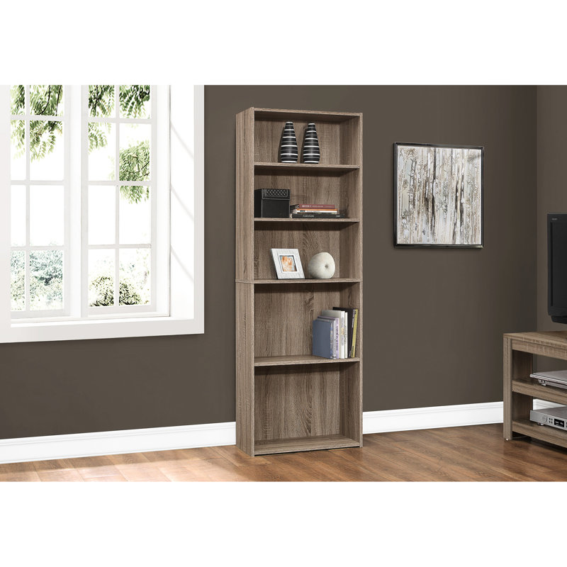 Bibliothèque à 6 niveaux pour le bureau et la chambre à coucher, 72 po de hauteur, stratifié brun, style transitionnel, 3 tablettes réglables et 2 tablettes fixes, peu encombrante, quincaillerie basculante, bibliothèque élégante 3 taupe foncé H 72 po,