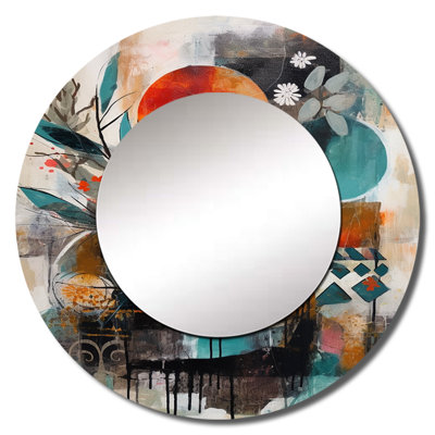 Rafaella Green And Orange Artistic Liberation - Boho Feather Mirror, Traditional Round Decorative Wall Mirror, Printed Metal Art