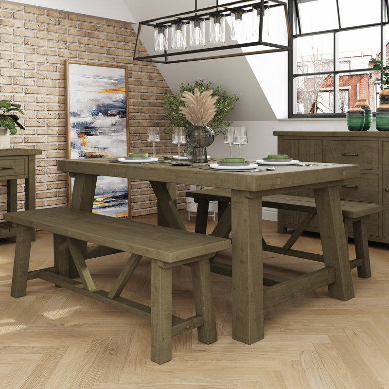 Almerton Solid Reclaimed Pine 4 Piece Dining Set - Dining Table 2 Benches 1 Extension Leaf, 45H x 140L x 35cmW