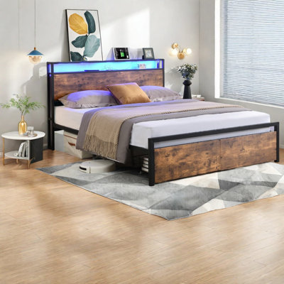 Modern Storage Beds With Led, Mdf Steel Frame, Industrial Style For Home