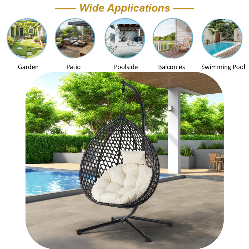 Fauteuil à œufs suspendu polyvalent avec motif en rotin évidé Pe, base en fer, appui-tête et coussin