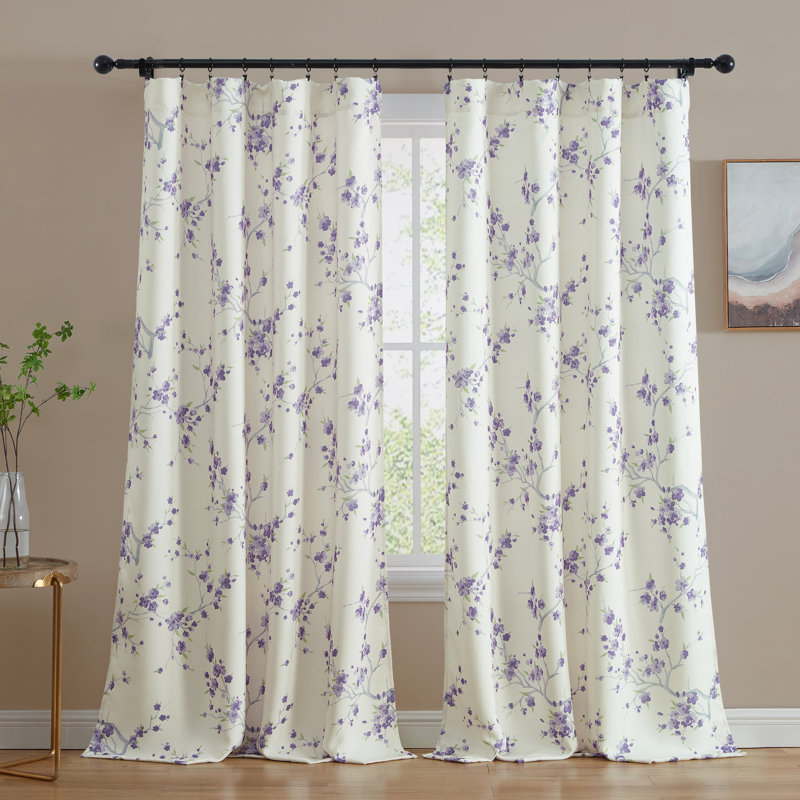 Dorcia Floral Light Dimming Rod Pocket Window Curtain Panels Set for Bedroom, Purple, 52" W x 72" L