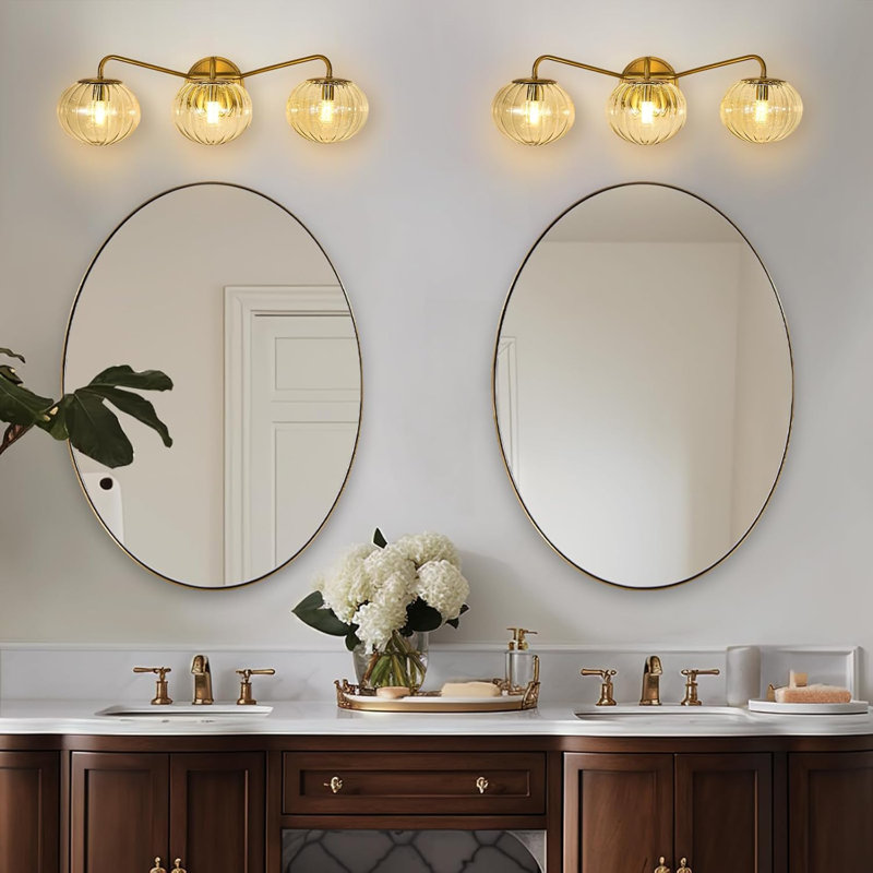 Contemporary Bathroom Vanity Light Fixture with Ribbed Clear Glass Globe Shades, 3 Lights, Brushed Gold