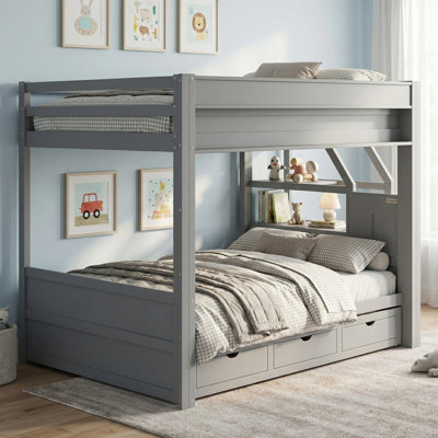 Solid Wood Full Over Full Convertible Bunk Bed with Storage Staircase, Bedside Table and 3 Drawers for Bedroom