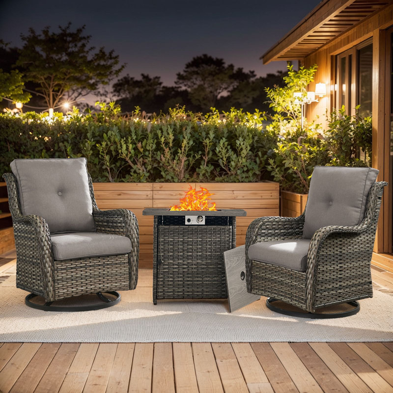 Wendye 3-Piece Outdoor Chair Set With Swivel Chairs & 55K BTU Fire Pit Table, Gray, Gray