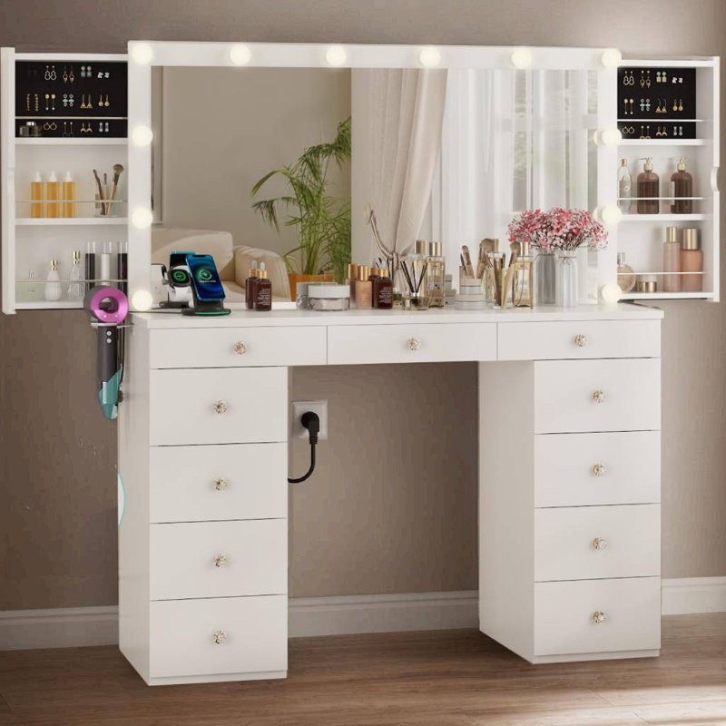 Coiffeuse avec miroir, 11 tiroirs, station de charge, 3 modes d'éclairage, Blanc