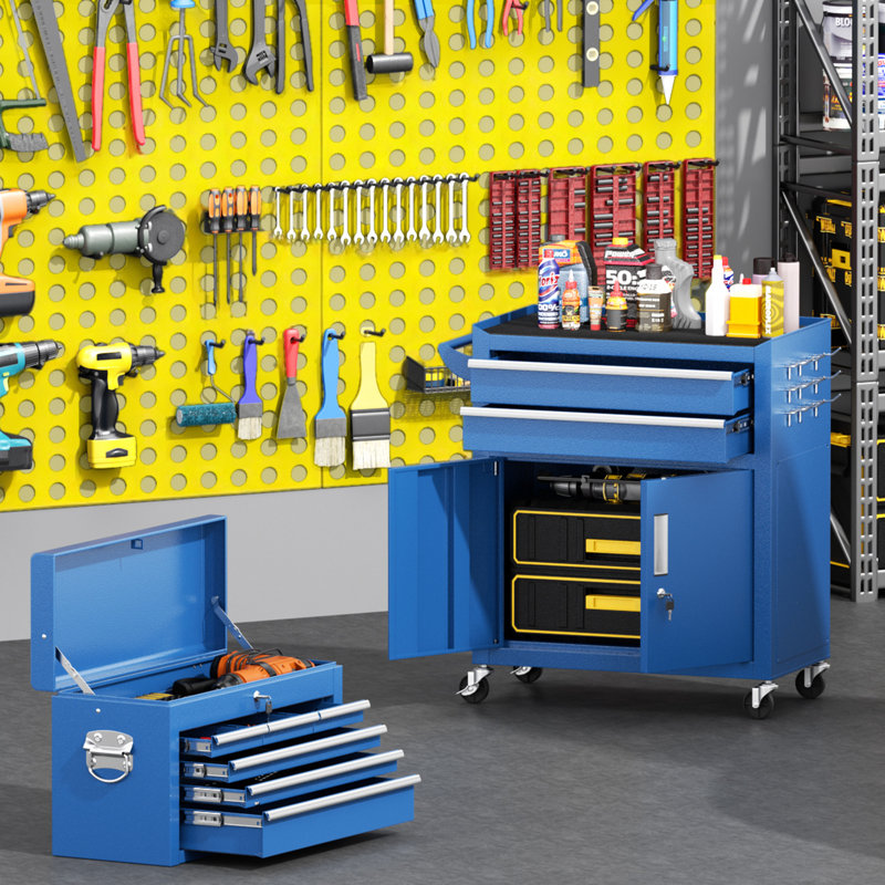 Coffre à outils 8 tiroirs, armoire à outils amovible en métal 2-en-1 avec roues verrouillables, Bleu