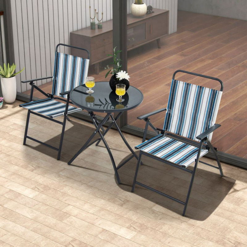 Blue Striped Metal and Fabric Outdoor Folding Chair Set