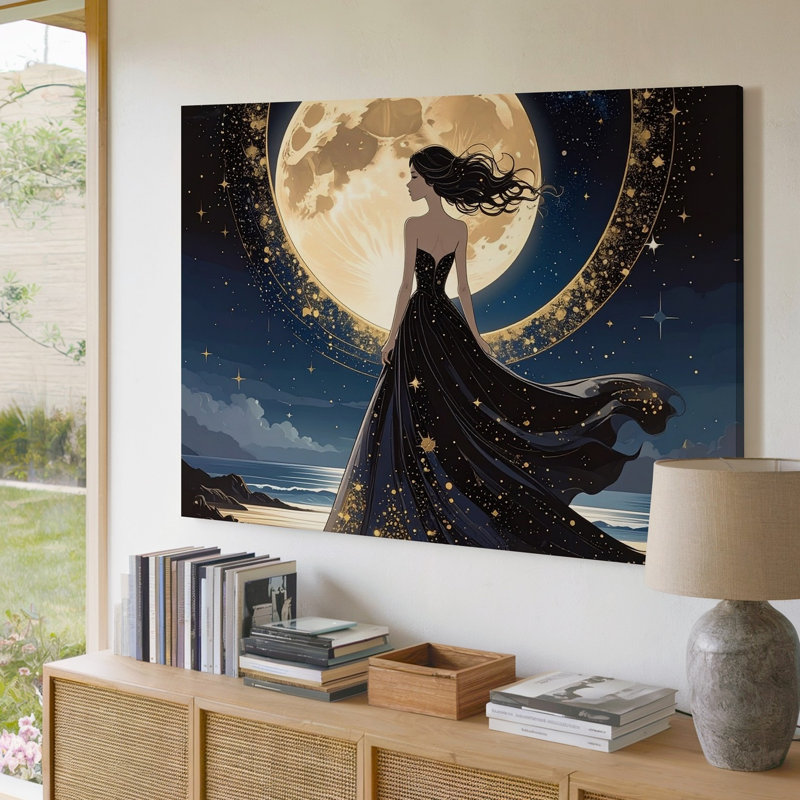 Toile au clair de lune, peinture sur toile, femme en étoile, art mural, toile prête à accrocher, décoration murale, décoration moderne