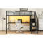 Lit mezzanine double en métal de couleur noire avec bureau, escalier de rangement, garde-robe et conduit, moderne et pratique