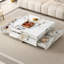 Table basse carrée avec 4 tiroirs et base suspendue, texture marbre, blanc doux, 43,3 pouces