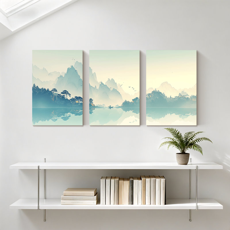 Paysage et nature montagne lac réflexion Misty Dawn arbres arbres ciel ensemble de 3 impressions sur toile, H 18 po x l 36 po