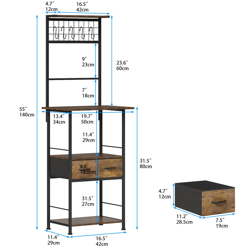 Small Coffee Bar Station Narrow Corner Baker Rack Stand With 2 Storage Fabric Drawers 5 S Hooks For Small Spaces Farmhouse Bakers Rack For Kitchen, Entryway, Living Room, Brown, Narrow