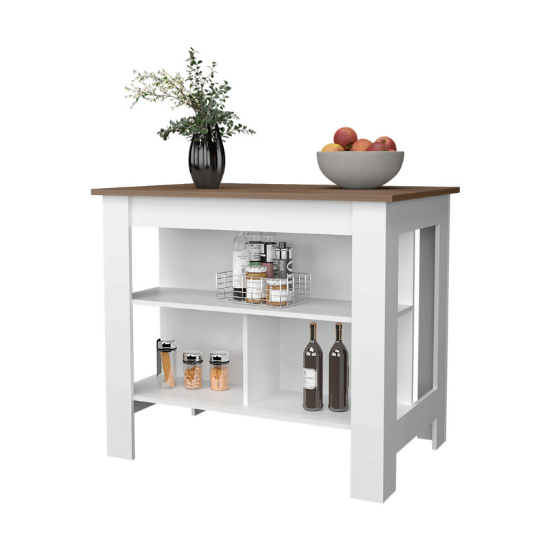  Table pour îlot de cuisine avec tablettes de rangement ouvertes et poste de travail Brooklyn, Noyer, Blanc