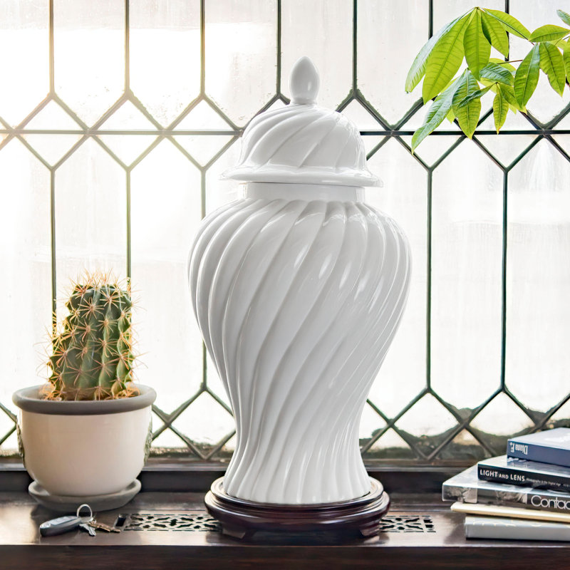 24" Antique White Swirling Ridges Temple Jar