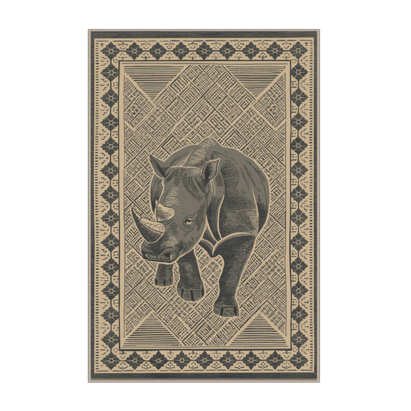 Tapis à imprimé bloc classique brun et beige lavable à la machine Ozgur Rhino, 7 x 10