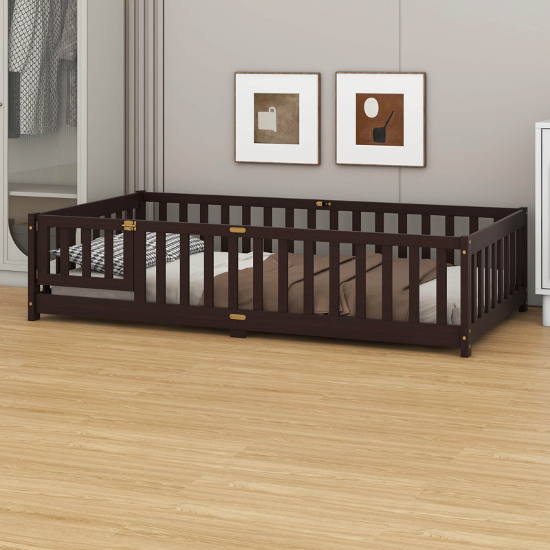Lit de plancher en bois d'hévéa - clôture, porte et garde-corps de sécurité, Lit simple, Espresso
