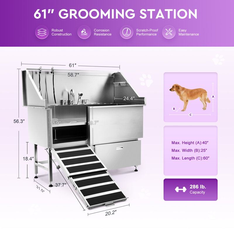 Station de bain pour chien, H 56,3 po x l 61 po x P 31,5 po