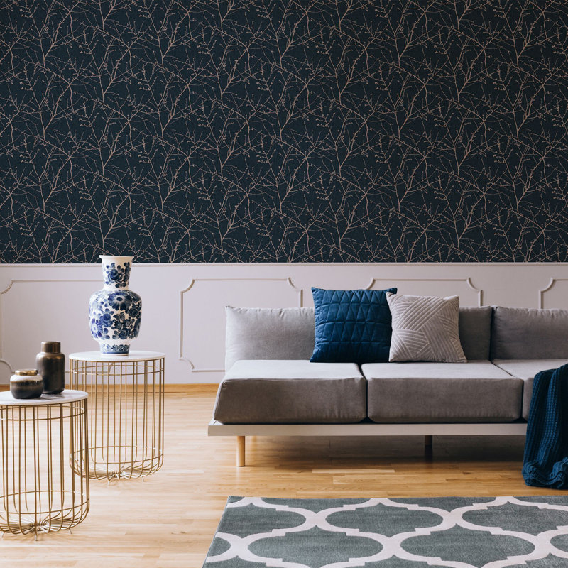 Superfresco Easy Innocence Branch Metallic Wallpaper, Navy Blue