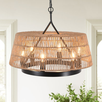 6-Light 21.65" Boho Coastal Rattan Wagon Wheel Chandelier, Round Vintage Candle Style Dining Room Chandelier