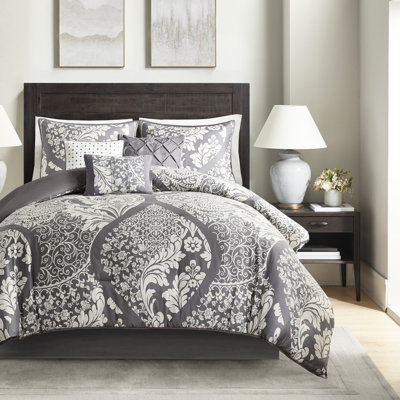 Édredon gris très grand 7 pièces - Coton imprimé avec détails de broderie pour le rembourrage du lit