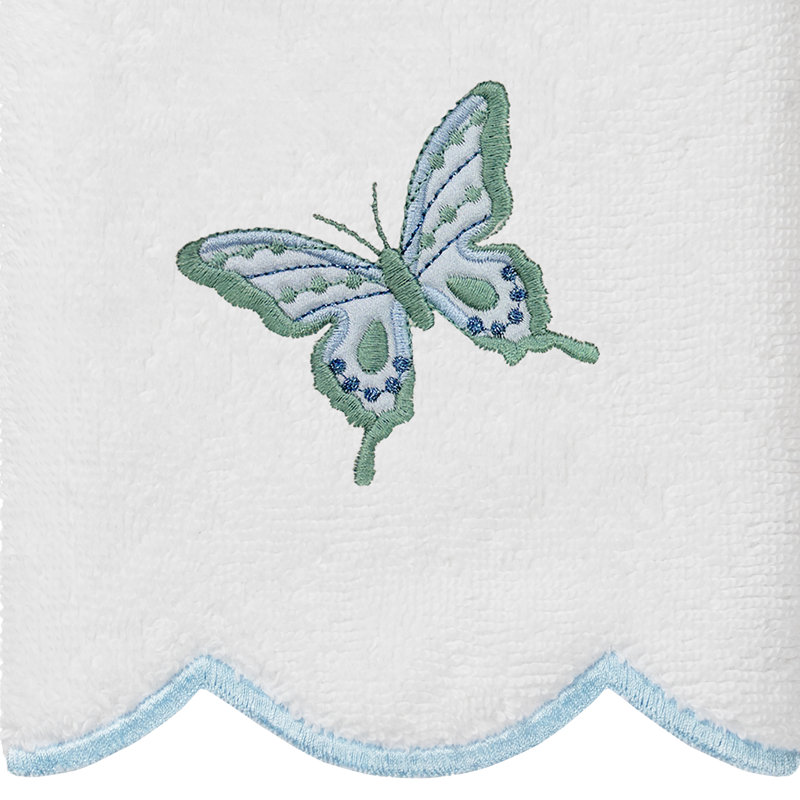  100% Turkish Cotton BRITNEY Scallop 6PC Embellished Towel Set, White/Blue, 6 Piece Towel Set