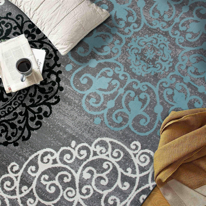 Padowski Floral Gray/Blue/Black Area Rug, Rectangle 3'3" x 5'