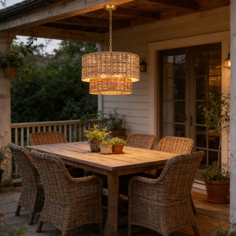 Kaetlin 5 - Light 2-Tier Bohemian Drum Chandelier with Natural Rattan  Lampshade, Farmhouse Kitchen Lighting with E12 Socket -18.9"W x 76"H