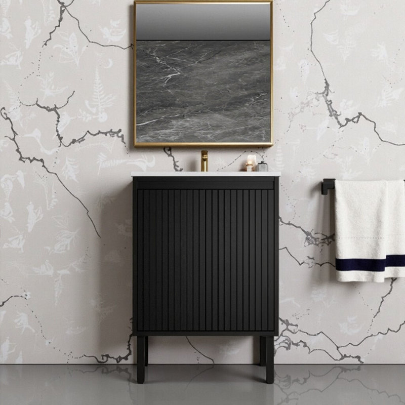 Meuble-lavabo 24 po avec lavabo blanc | Tiroirs à fermeture en douceur sur pied et finition chêne pour un style moderne, Noir