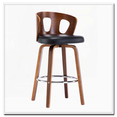 Mid‑Century Modern Swivel Barstool – Walnut Veneer Back – Faux Leather Seat