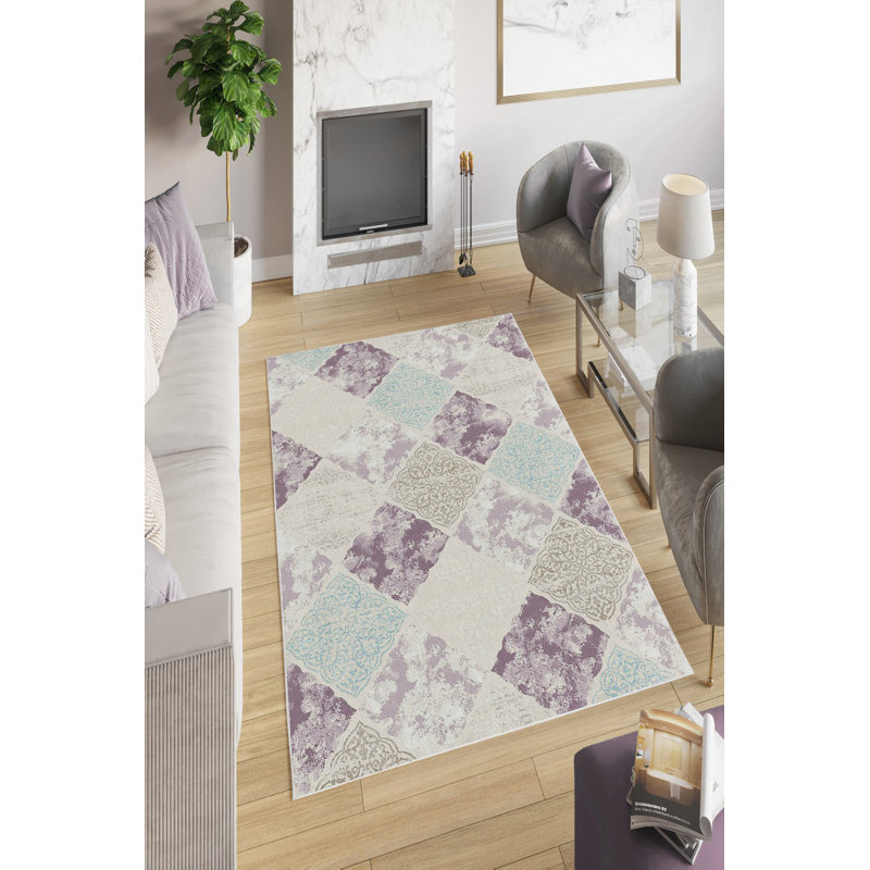 Stylish Area Rug (5.2 x 7.5 ft), Beige, Purple, Blue & Mink | 100% Polyester, 650 g/m², 0.16 in Pile Height | Antibacterial, Eco-Friendly, Non-Slip PVC Dot Underside | Machine Washable for Easy Care