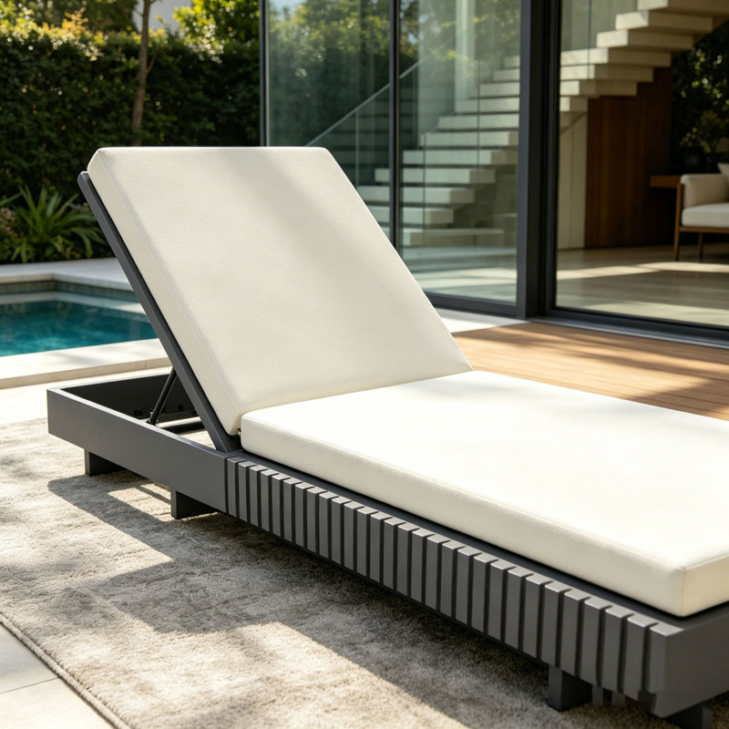 Solid Wood Lounge Chaise, Dark Gray+Cream Cushion