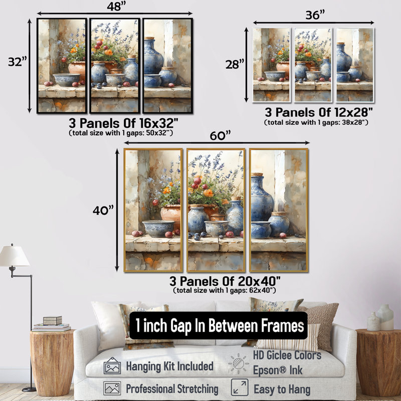 Blue And Green Boho Pottery Rustic Charm - Boho Pottery Wall Decor Set, Gold Floater Framed Canvas, 32" H x 48" W x 1" D