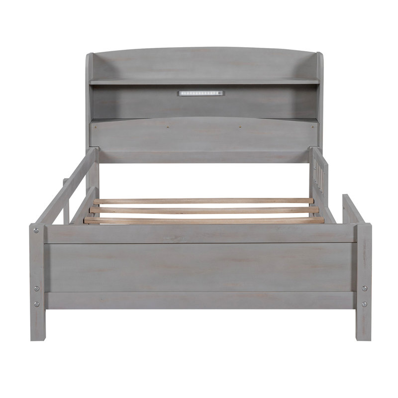 Lit plateforme en bois avec tête de lit à DEL et garde-corps intégrés, Gris antique