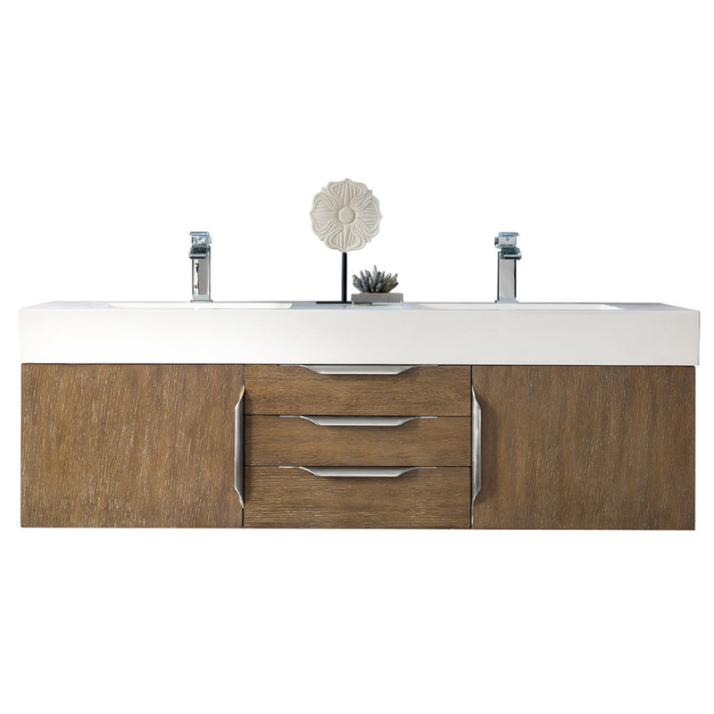 Mercer Island 60'' W Double Vanity, Radiant Gold, Glossy White, Latte Oak