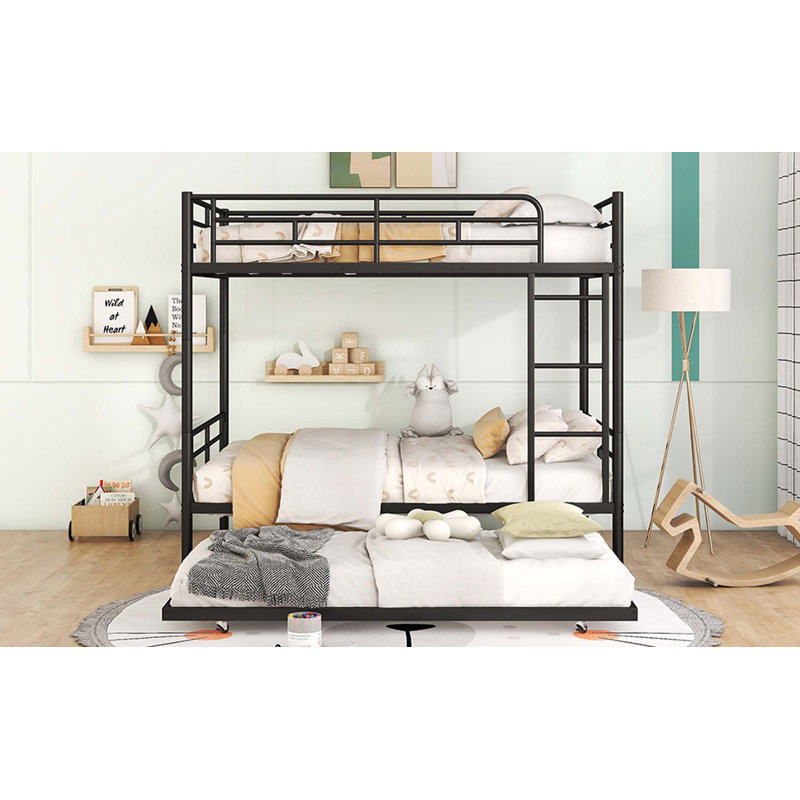 Metal Bunk Bed With Trundle, Black, Full Over Full