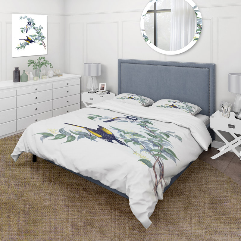 Oiseaux australiens rétro sur une branche - ensemble de housse de couette traditionnel - microfibre de polyester