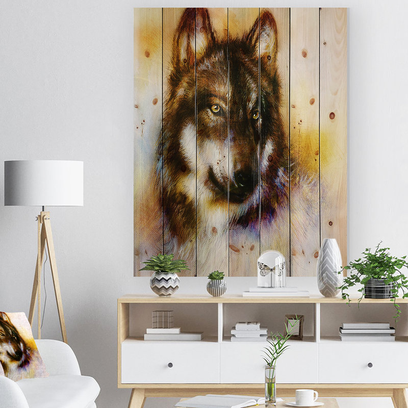 « brown loup illustration », peinture en brun/jaune, H 20 po x l 15 po x P 1po, Bois