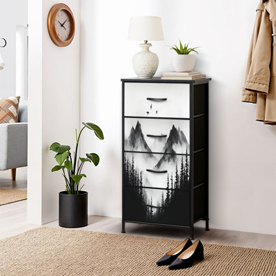 Commode pour commode de chambre à coucher pour garde-robe de montagne en noir et blanc, forêt, paysage, montagnes, pins, brumeux, commodes et commodes en tissu avec rangement et 4 tiroirs
