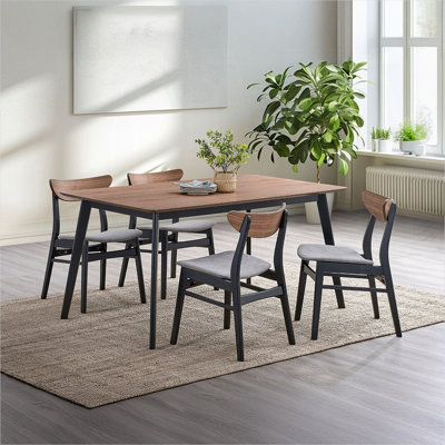 5-Piece Wooden Dining Set with Padded Side Chairs, Walnut and Classic Black, Rectangular Table for Kitchen or Dining Room